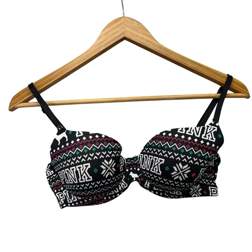Victoria's Secret PINK Womens Bra 32C Black Fair Isle Christmas Lightly Lined